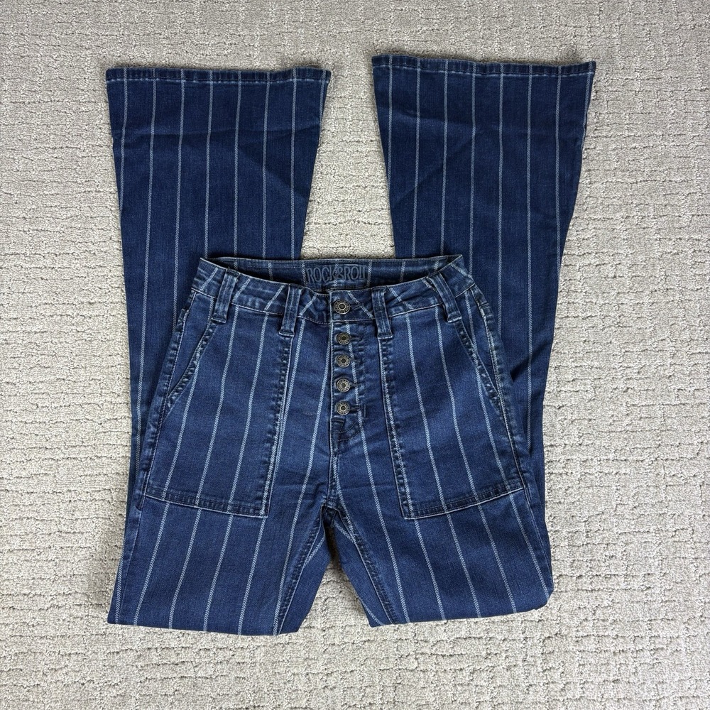 Rock & Roll Cowgirl High Rise Flare Stretch Striped Jeans Trousers 24x34 Rodeo